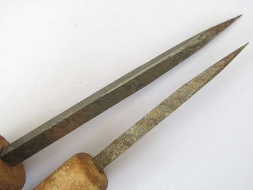 Lot of two vintage very unusual triangled hand Files with wooden handles, 29cm and 34cm long