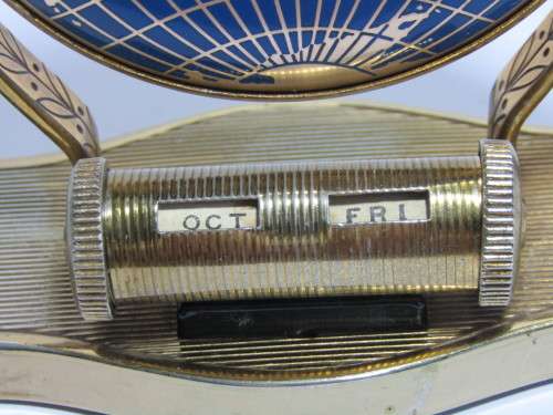 Vintage brass and enamel Desk Calander and Pen Stand in excellent working condition, 12.5cm high