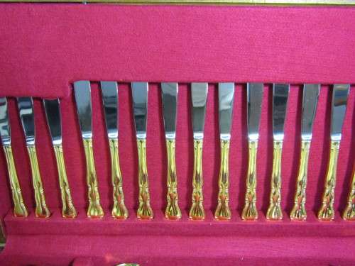Vintage Eetrite 24ct gold plated "Baroness" Cutlery Set  in wooden Canteen, 123 piece, pristine cond