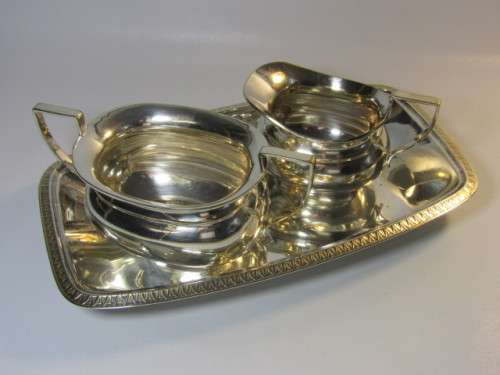 Vintage lot of 3 silverplated items, Tray 30cm, Sugar Bowl 19cm and matching Milk Jug 14cm,