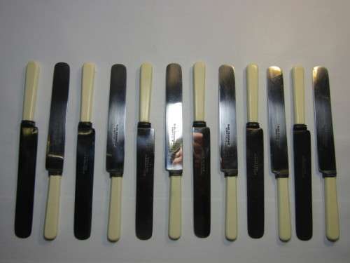 Vintage boxed set of 12 Alex Fraser & Co. Sheffield Butter Knives with faux bone Handles, 22.5cm