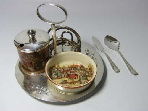 Vintage Yeoman silverplated Condiment Tray with Sandland Ware Butter Dish and Jam Pot ,incl utensils