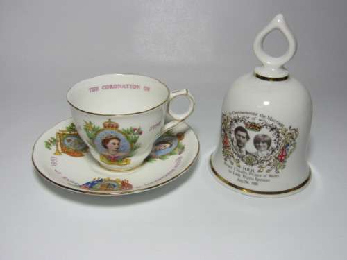 Vintage lot of 2 Royal Commemorative items; Elizabeth the 2nd 1953 Tea Duo, Charles and Diana Bell