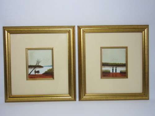 Pair of small Original Watercolour Paintings, signed Stores 1998, frame and glass, 10cm x 12cm