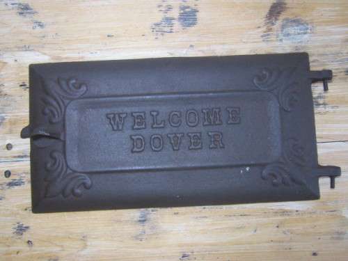Original vintage heavy cast iron "Welcome Dover" stove Door, 47cm x 23cm, excellent condition