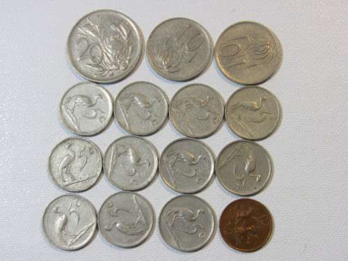 Vintage mixed lot of  15 South African Coins, incl. 20c, 10c, 5c and 1c, 1960's, 70's and 80's