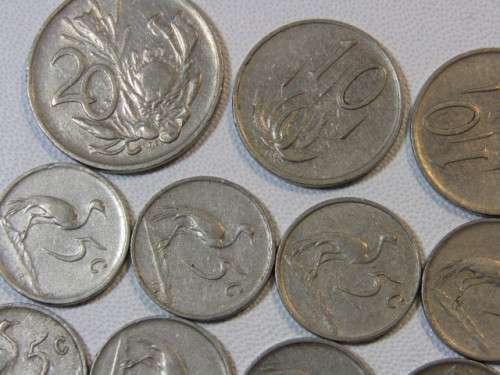 Vintage mixed lot of  15 South African Coins, incl. 20c, 10c, 5c and 1c, 1960's, 70's and 80's