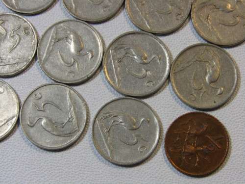 Vintage mixed lot of  15 South African Coins, incl. 20c, 10c, 5c and 1c, 1960's, 70's and 80's