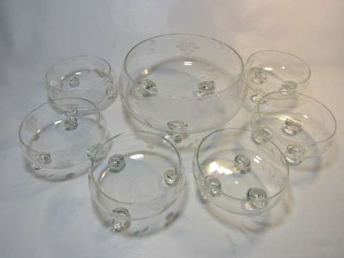 Lovely vintage 1970's Grape design 7 piece cut glass Desert Set with Large serving Bowl, excellent