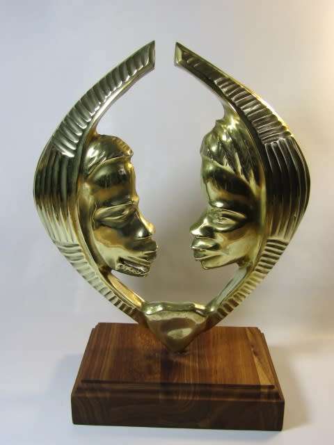 Large vintage solid brass Sculpture on a wooden base, excellent condition, 34cm high