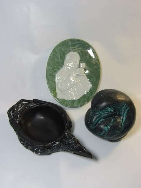 Vintage lot of 3 decorative items, Vanstone Bird Bowl. Dolphin sculpture and Continental Plaque