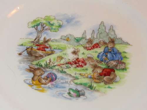 Vintage lot of 4 Royal Doulton "Bunnykins" wares, including 3 x Plates and a Cup