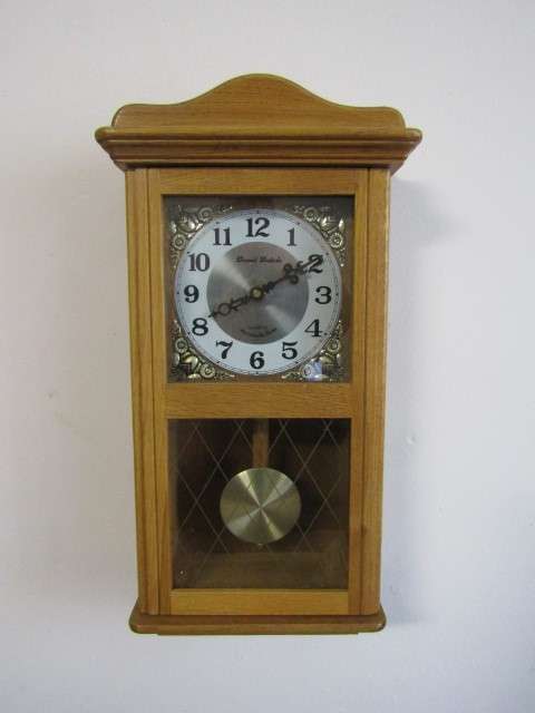 Vintage Daniel Dakola Westminster Chime quartz wooden Wall Clock with pendulum, 53cm x 23cm