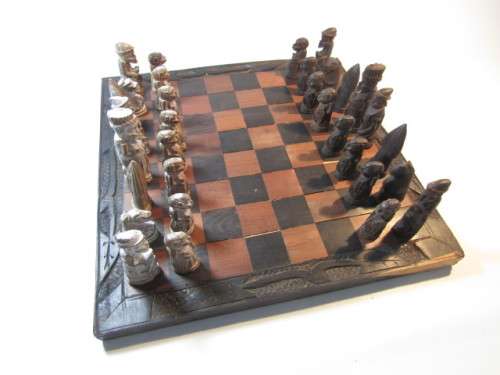 Vintage hand carved wooden Chess Set, complete with carved Board *No reserve auction at Port No.5*