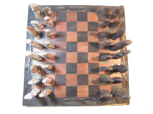 Vintage hand carved wooden Chess Set, complete with carved Board *No reserve auction at Port No.5*