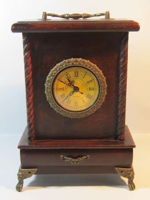 Wooden quartz Mantle Clock with Drawer and on Lion Claw Feet, excellent and working, 27cm x 18cm