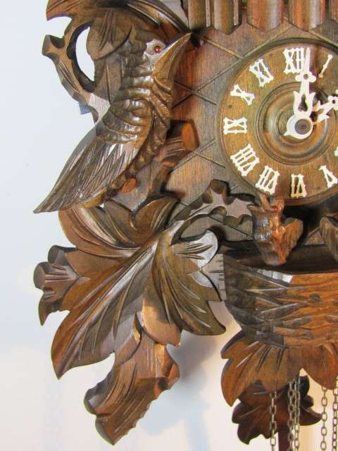 Vintage Black Forest Cuckoo Clock, complete with Pendulum and Weights, turning German Figures, Large