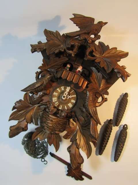 Vintage Black Forest Cuckoo Clock, complete with Pendulum and Weights, turning German Figures, Large
