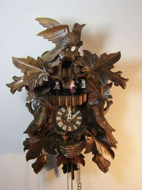 Vintage Black Forest Cuckoo Clock, complete with Pendulum and Weights, turning German Figures, Large