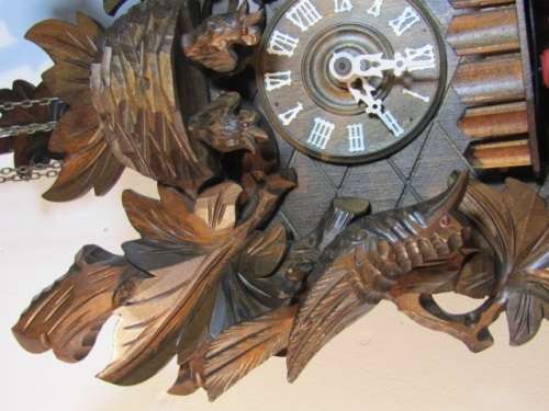 Vintage Black Forest Cuckoo Clock, complete with Pendulum and Weights, turning German Figures, Large