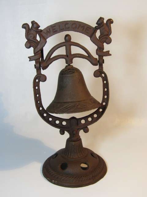 Old large vintage solid Cast Iron standing Bell or Gong with Squarrels decoration, 29cm, excellent