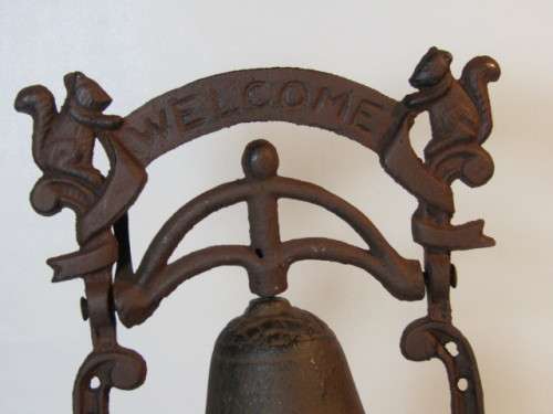 Old large vintage solid Cast Iron standing Bell or Gong with Squarrels decoration, 29cm, excellent