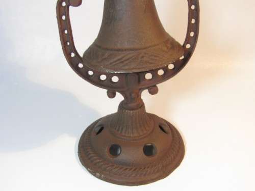 Old large vintage solid Cast Iron standing Bell or Gong with Squarrels decoration, 29cm, excellent