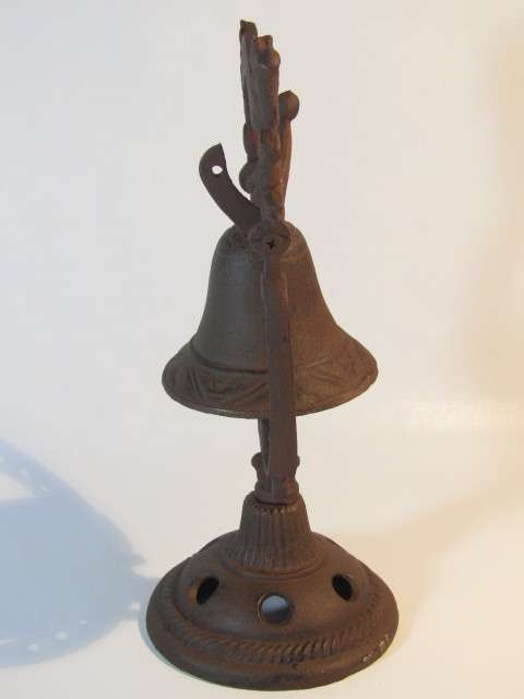 Old large vintage solid Cast Iron standing Bell or Gong with Squarrels decoration, 29cm, excellent
