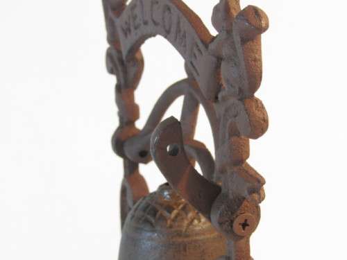 Old large vintage solid Cast Iron standing Bell or Gong with Squarrels decoration, 29cm, excellent