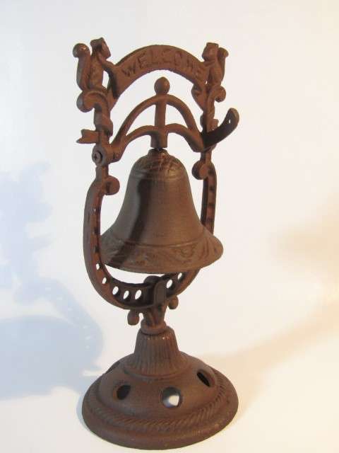 Old large vintage solid Cast Iron standing Bell or Gong with Squarrels decoration, 29cm, excellent