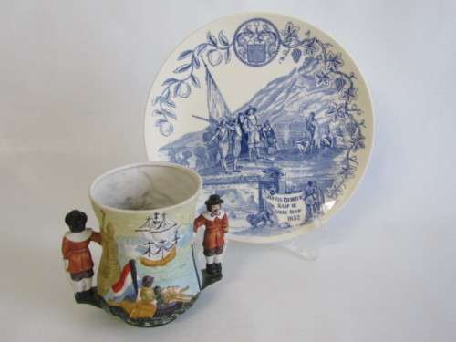 Vintage lot of 2 Jan van Riebeeck collectables; Bisque Loving Cup and Wedgwood Plate, excellent cond