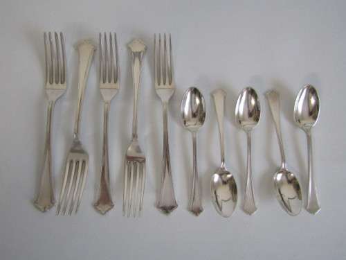 Vintage lot of 10 original Chippendale Elkington & Co. silverplated Forks & Spoons, England, 18cm
