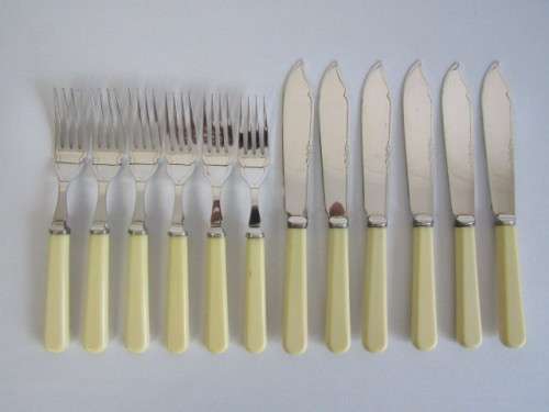 Vintage original Joseph Rodgers faux bone Handle stainless 12 piece Fish Knife and Fork Set