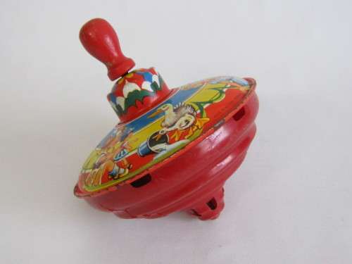 Lot of 3 original vintage Tin Toys, Spin Toll, Skipping rope and wind-up Duck, excellent condition