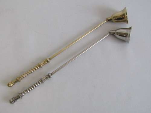 Lot of 2 Candle Snuffers, one is solid Brass and the other one is silver Metal, 30cm long, excellent