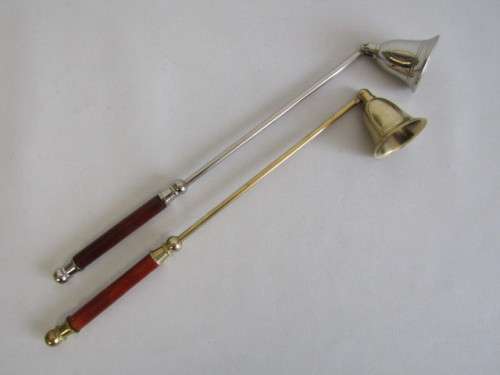 Lot of 2 Candle Snuffers, one is solid Brass and the other one is silver Metal, Wooden Handles, 30cm
