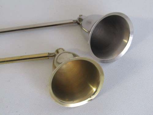 Lot of 2 Candle Snuffers, one is solid Brass and the other one is silver Metal, Wooden Handles, 30cm