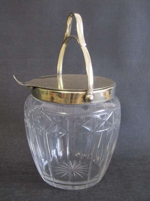 Vintage EPNS mounted Glass Biscuit Barrel with Tilt Lid, excellent condition, 14cm high x 14cm diam