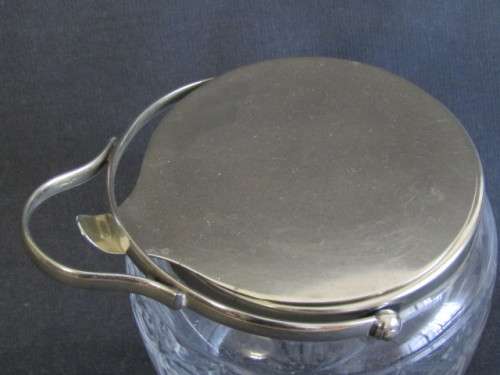 Vintage EPNS mounted Glass Biscuit Barrel with Tilt Lid, excellent condition, 14cm high x 14cm diam