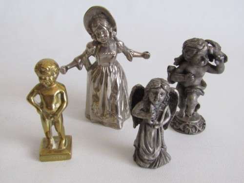 Lot of 4 collectable vintage metal Figurines; Bruxelles brass figure, Angel, Cherub and Young Girl