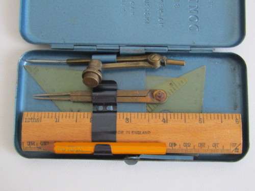 Lot of 3 collectable items; 1899 Star Safety Razor Tin,Brass mathematical set and a 1936 Bicycle Tag