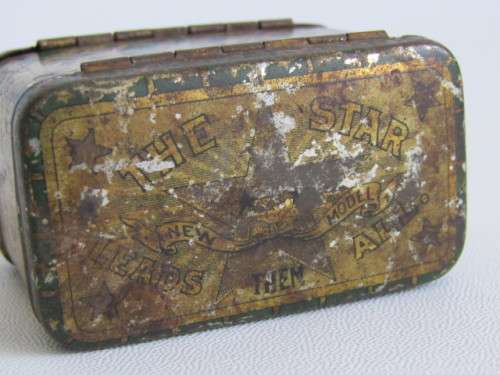Lot of 3 collectable items; 1899 Star Safety Razor Tin,Brass mathematical set and a 1936 Bicycle Tag