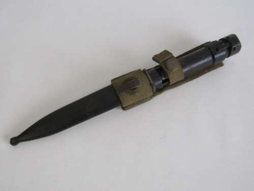Original old SADF military R1 Rifle Bayonet in Scabard and with Frog, excellent condition