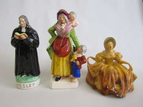 Lot of 3 very old porcelain figurines; 19th Century earthenware, Staffordshire and Wade