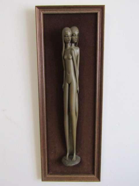 Vintage original 1977 Giovanni Schoeman retro framed bronzed resin Figure of two nude Girls, 45cm