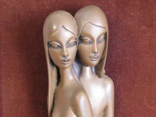 Vintage original 1977 Giovanni Schoeman retro framed bronzed resin Figure of two nude Girls, 45cm