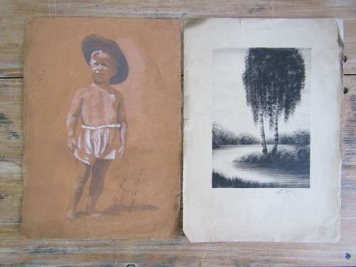 Lot of two old Original unframed Signed Paintings; Boy with Hat 1944 and Black and White River scene
