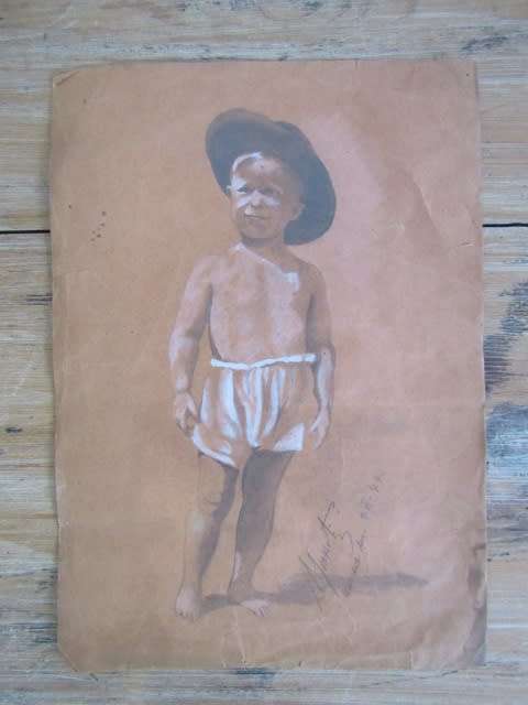 Lot of two old Original unframed Signed Paintings; Boy with Hat 1944 and Black and White River scene