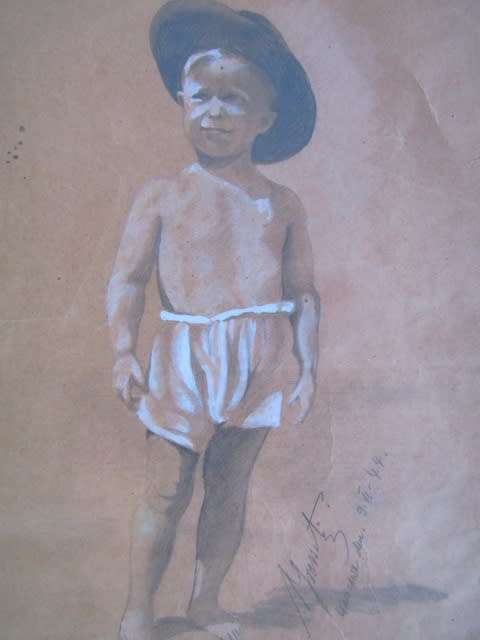 Lot of two old Original unframed Signed Paintings; Boy with Hat 1944 and Black and White River scene
