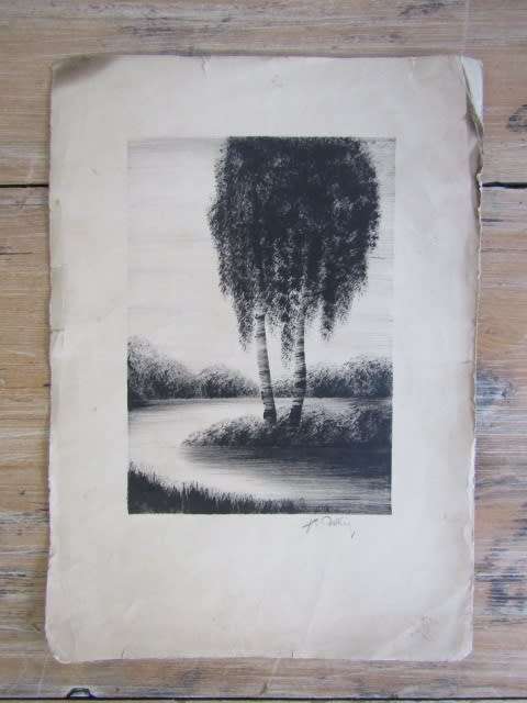 Lot of two old Original unframed Signed Paintings; Boy with Hat 1944 and Black and White River scene